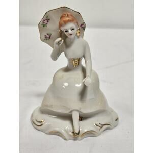 Antique Porcelain Figurine - Lady With FLoral Umbrella Gold Trim Japan